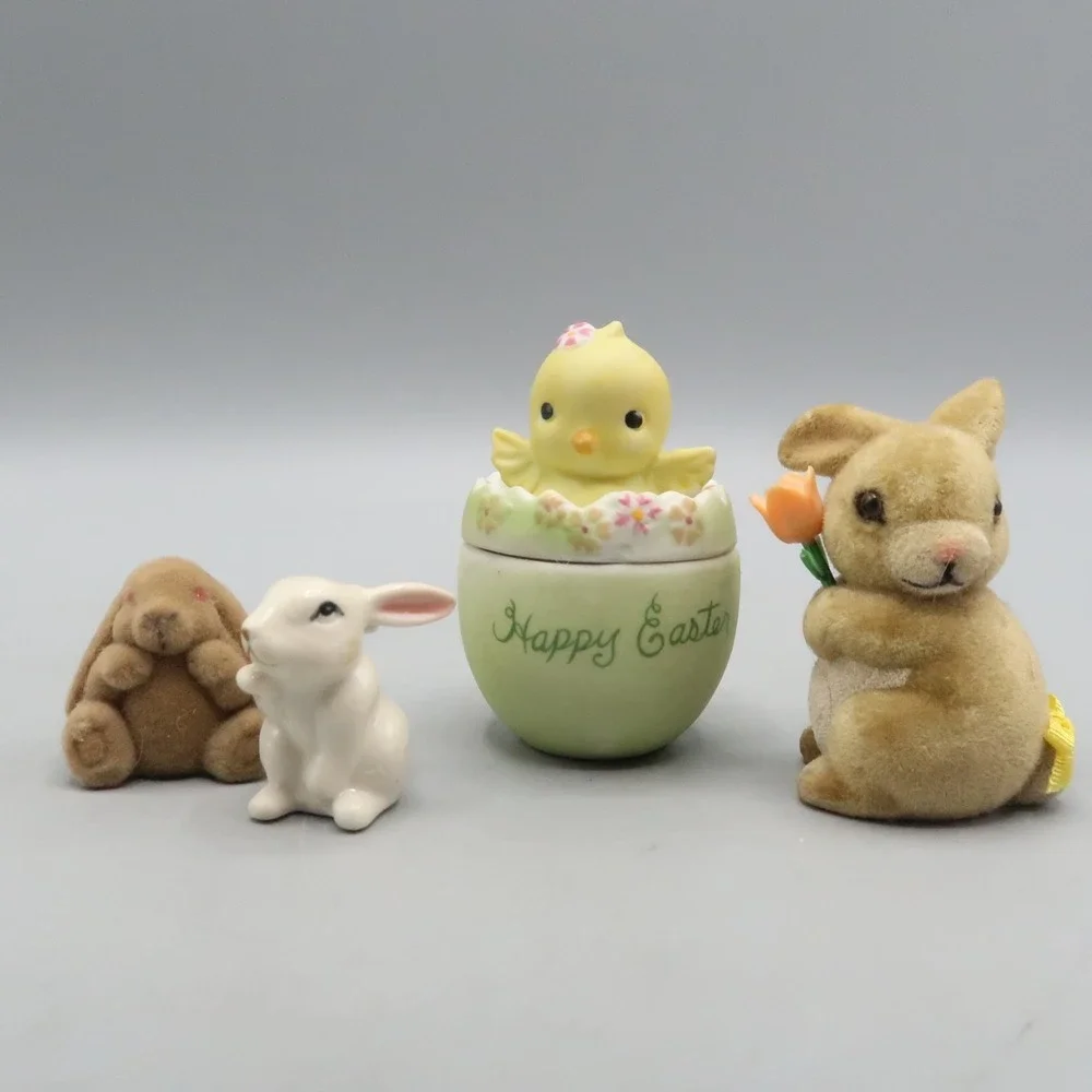 Vintage Bunny Rabbit Lot Trinket Box Duck Happy Easter Flocked Figures